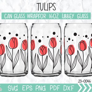 Tulipanes Libbey Can Glass 16 oz svg, plantilla Can Glass, Hello Spring svg, Flowers Libbey Template corte archivo Cricut Silhouette, regalo para ella