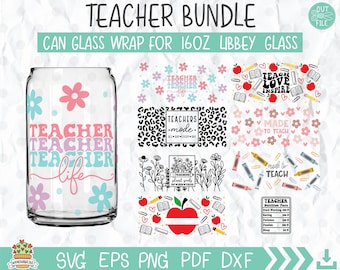 Teacher Glass Can Wrap SVG Bundle: Floral 16oz Libbey (Digital Files)