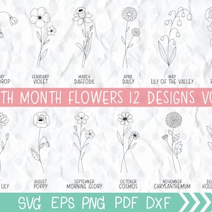 Fleurs du mois de naissance svg, Fleurs sauvages svg, Fleur d’anniversaire, Fleur minimale Clipart, Botanique svg, Floral Svg, Daisy svg, Rose svg, Poppy svg