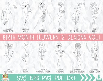 Birth Month Flower SVG Bundle: Botanical Clipart (Digital Download)