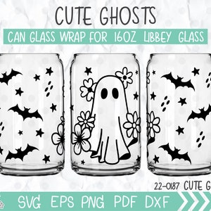 Ghost Flowers Libbey Can Glass Svg, Ghost Halloween Svg, Wildflower print Libbey 16oz can glass svg, Svg, Png, DXF files for Cricut