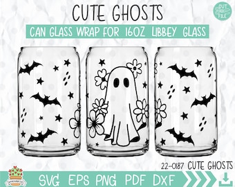 Ghost Flower Libbey Can Glass SVG: Halloween Cricut Files (16oz)