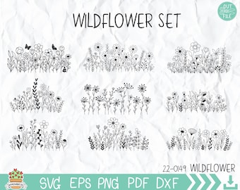 May include: A set of six black and white digital cut files featuring different arrangements of wildflowers. The text "WILD FLOWER SET" is at the top of the image. The text "22-0149 WILD FLOWER" is at the bottom of the image. The text "SVG EPS PNG PDF DXF" is at the bottom of the image.