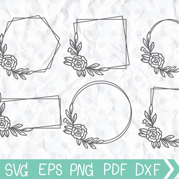 FLORAL FRAMES svg, Hexagon Frame SVG, Floral Frame cut File, Monogram Frame, Floral Wedding Template