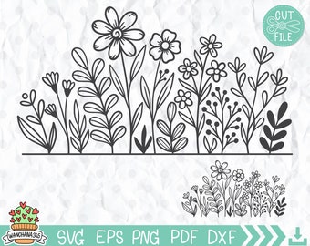 Wildflower svg, Wildflowers meadow border svg, Flowers And Leaf Clipart, Flower Svg Files For Cricut And Silhouette, Flower svg cut files.