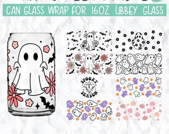 Halloween Ghost Can Glass SVG Bundle: Floral 16oz Libbey Wrap (Digital Files)