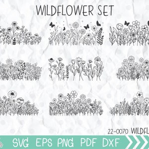 Flores silvestres svg, flores silvestres borda do prado svg, flores e clipart de folhas, arquivos Svg de flores para Cricut e silhueta, arquivos de corte de flores svg.