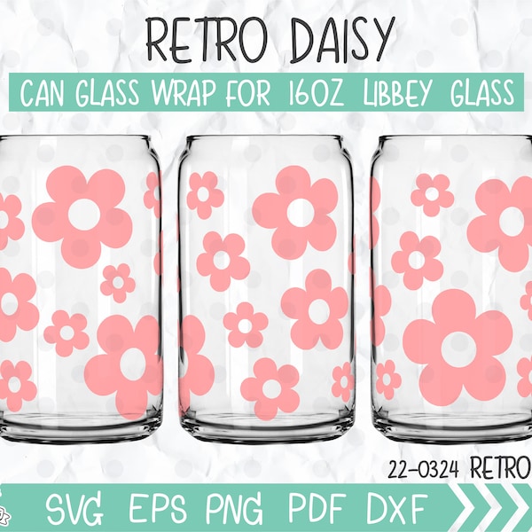Retro Flowers Libbey Glass Can Wrap, daisy glass can wrap svg, 16oz beer glass can svg, boho flower svg, Vintage Svg, gift for mom