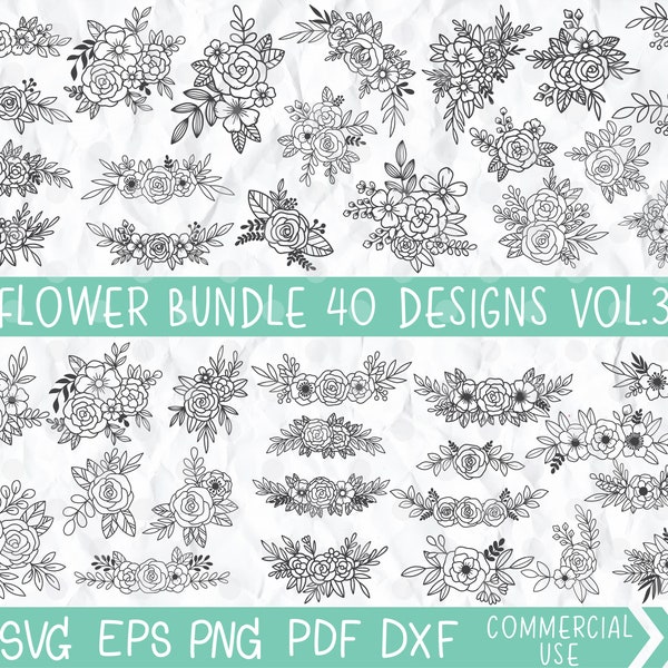 Flower Svg Bundle, Flower SVG, Floral Svg, Flower Svg Cut Files, Wedding, Border, Bundle, Flower Corner, Svg Files For Cricut And Silhouette