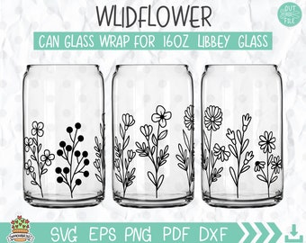 Envoltura de vidrio con flores silvestres SVG: Arte floral lineal (archivos digitales)
