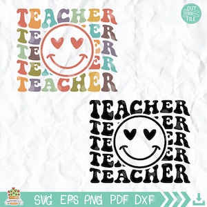 May include: A digital design featuring the word "Teacher" repeated in a retro font with a smiley face with hearts for eyes in the center. The design is in two color variations, one with a rainbow color scheme and the other in black.