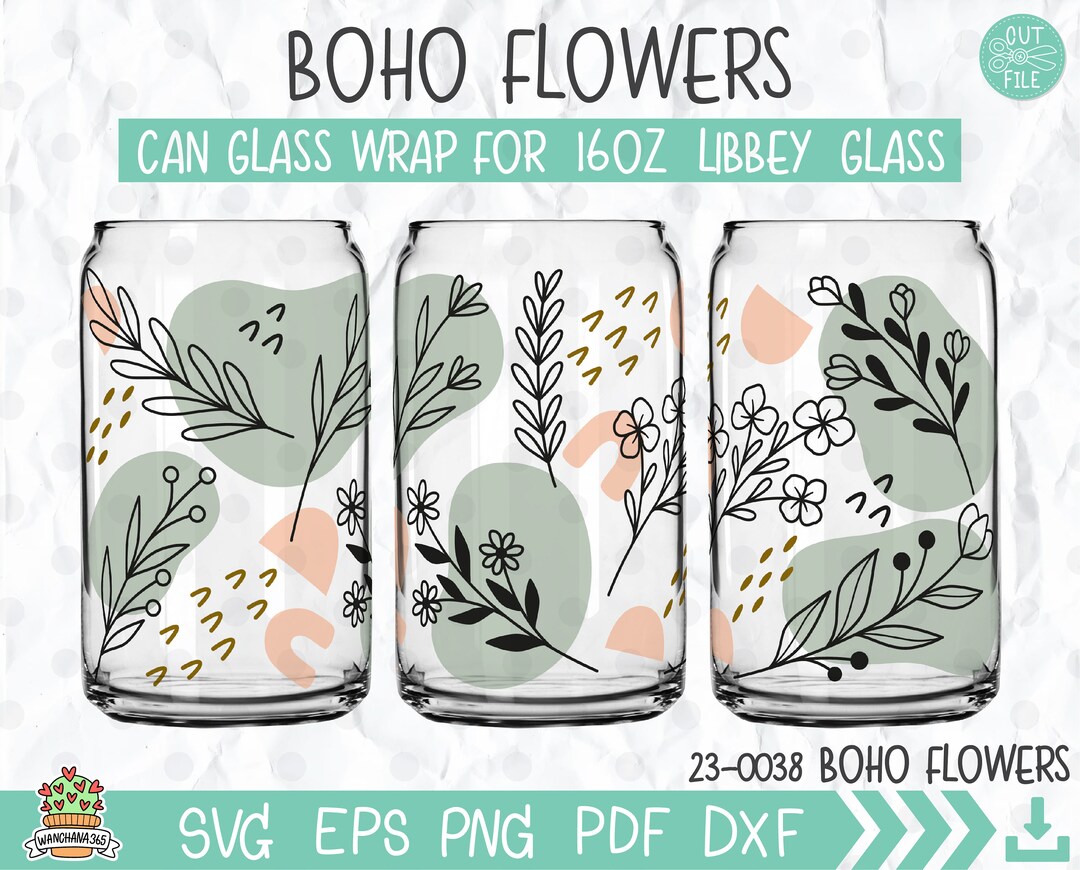 Boho Wildflower Libbey Glass Can Wrap: 16oz Floral Design (digital ...