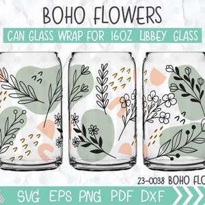Boho Wildflower Libbey Lata de vidrio de café 16oz, diseño abstracto, lata de vidrio de café de sublimación floral Boho, flores de línea sin costuras estilo boho