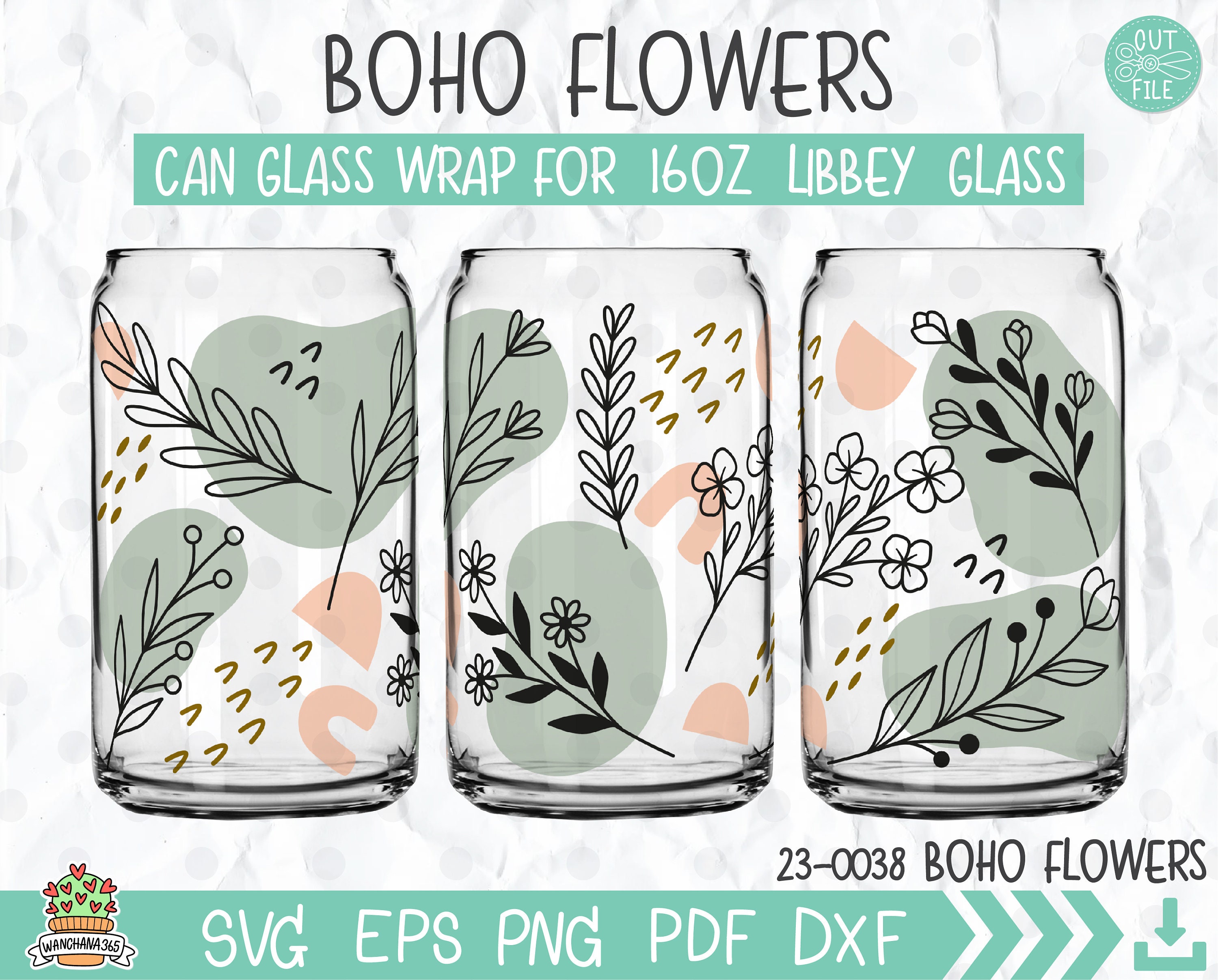 Boho Wildflower Libbey Coffee glass can 16oz, abstract design,  Boho floral Sublimation Coffee glass can, seamless line flowers boho style
