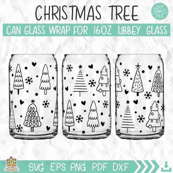 Christmas Tree with Snowflake libbey glass svg holiday Christmas Mug Svg, Winter Holiday Svg Christmas Glass Wrap 16oz Libbey Template