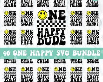 May include: A set of 40 digital SVG files featuring the phrase "One Happy" with various words like "Babe", "Auntie", "Groove", "Mother", "Friend", "Husband", "Daddy", "Son", "Crew", "Nanny", "Father", "Papa", "Dude", "Journey", "Cousin", "Brother", "Girl", "Child", "Teacher", "Vibes", "Mom", "Dad", "Bro", "Sis", "Boy", "Mama", "Sister". The designs are in a retro style with a checkered pattern and a smiley face.