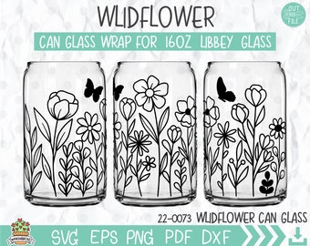 Envoltura de vidrio para latas con flores silvestres SVG: Arte floral lineal, 16 oz Libbey (archivos digitales)