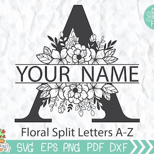 以下が含まれることがあります： 花柄のモノグラムの黒いアルファベットAで、花の下に「YOUR NAME」というテキストが書かれています。「Floral Split Letters A-Z」というテキストがモノグラムの下にあります。画像は白い背景です。
