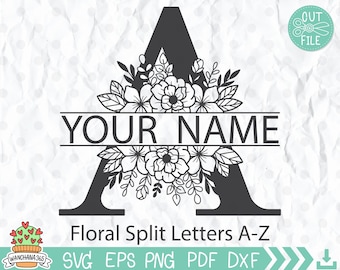 Podzielone litery monogramu A-Z – natychmiastowe pobranie cyfrowe – pliki SVG, PNG, DXF i EPS w zestawie! Kwiat alfabetu na ślub, koszule