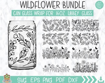 Wildflower glass can svg Floral line art Can Glass svg wild flower svg floral tumbler svg Wildflower print libbey can svg gift ideas