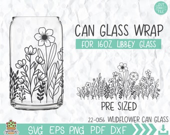 May include: Black and white line art design of wildflowers for a 16 oz. Libbey glass can wrap. The design is pre-sized for easy application.  The text "CAN GLASS WRAP" and "FOR 16OZ LIBBEY GLASS" is included in the image.