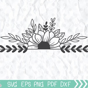 Monograma floral de girassol Svg, borda de flor svg, meio girassol svg, quadro de girassol dividido Svg, arquivo de corte svg para cricut