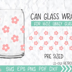 Retro Daisy Print svg, 16oz Libbey Template, Retro Flowers Libbey Glass Can Wrap, trendy svg, Vintage Svg, Floral Svg