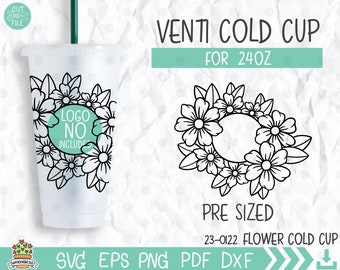 Op de afbeelding: Een zwart-wit bloemenontwerp voor een 24 ounce koude beker. Het ontwerp is vooraf geformatteerd en bevat de tekst "VENTI COLD CUP FOR 24OZ" en "PRE SIZED".