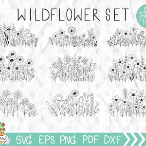 Könnte beinhalten: Ein Set mit neun Schwarzweiß-Linienzeichnungen von Wildblumen. Die Illustrationen sind in einem einfachen, minimalistischen Stil gehalten und eignen sich perfekt für Bastelprojekte, Scrapbooking oder digitales Design.