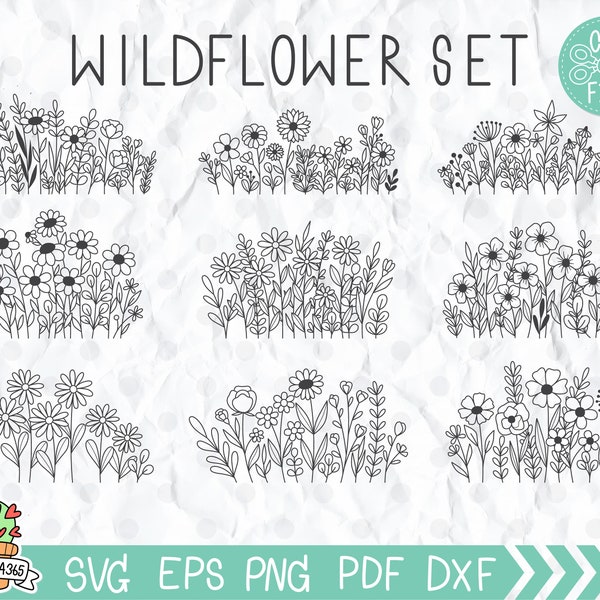 Svg de fleurs sauvages, svg de bordure de prairie de fleurs sauvages, Clipart de fleurs et de feuilles, fichiers Svg de fleurs pour Cricut et Silhouette, fichiers de coupe svg de fleurs.