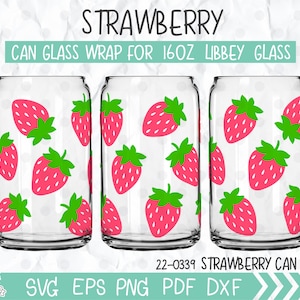 Envoltura de lata de vidrio Libbey con fresas, lata de vidrio Libbey de 16 oz con estampado de fresas, envoltura de lata de vidrio Libbey con patrón maravilloso, regalo para ella