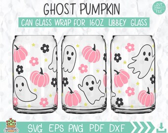 Retro Ghost Pumpkin Can Glass Wrap: Floral Halloween SVG (Digital Download)