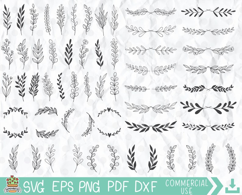May include: A set of 40 black and white hand-drawn floral elements, including wreaths, borders, and individual sprigs. These versatile designs are perfect for adding a touch of elegance to invitations, cards, and other creative projects.