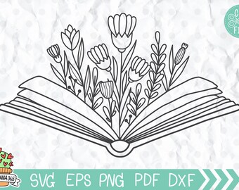 Book with wildflowers svg, Book with Flowers SVG, eading SVG, Book svg, Floral svg, cut file for Silhouette Cricut, Vector, dxf, eps, png