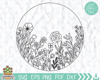 Borda de prado de flores silvestres desenhada à mão SVG: clipart floral (arquivos digitais)