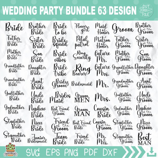 Bridal Party Bundle, Wedding Party Bundle, Bride Svg, Bridesmaid, Bride, Groom, Mr and Mrs Svg, Maid of Honor, Engagement Party svg files