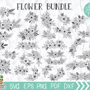 Pacote de flores desenhado à mão svg, moldura floral svg, canto de buquê de rosa svg, decoração de casamento, flores clipart floral, arquivo cricut e silhueta