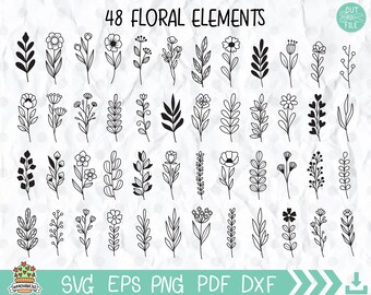 Floral Elements SVG: Hand-Drawn Flowers & Leaves Clipart (Digital Download)