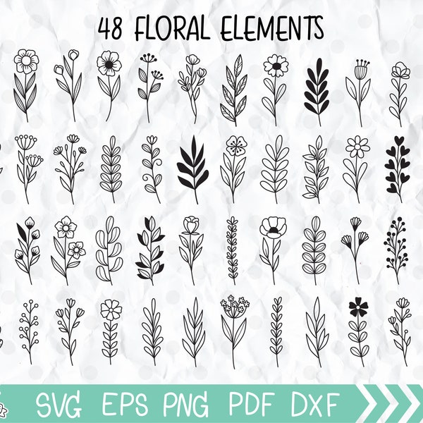 Hand-Drawn Flowers and Leaves Botanical elements svg graphic design scrapbooking crafts Wedding Design Frames Clip Art, Flowers svg