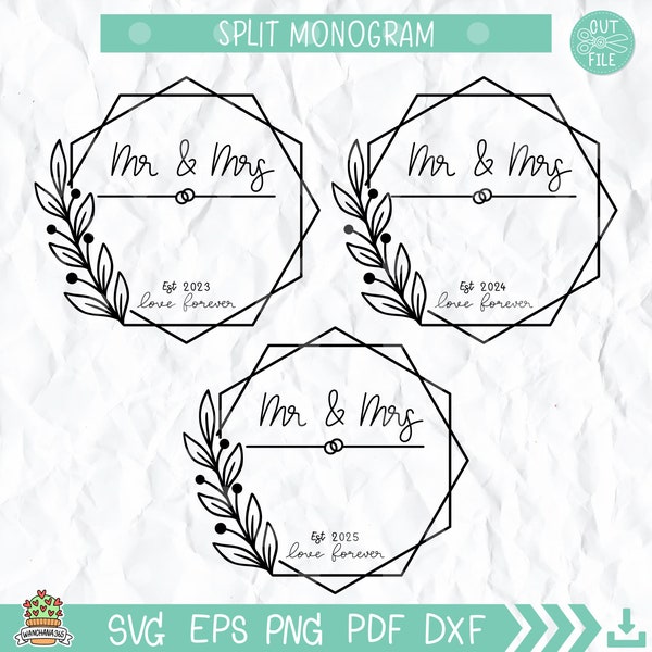 Mr and Mrs Split Monogram svg Geometric Minimalistic Wedding Sign Marriage svg, Mr Mrs est 2023 Engagement Sign Svg Family Name Svg