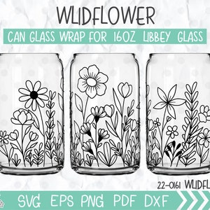 Wildflower Can Glass Wrap SVG, nadruk Wildflower Libbey 16oz can glass svg, grafika liniowa kwiatów Can Glass svg, pliki Svg, Png, DXF dla Cricut
