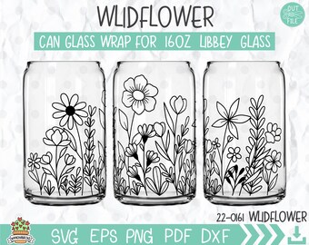 May include: Three black and white line art designs of wildflowers on a clear glass can wrap for a 16 ounce Libbey glass. The designs are for a DIY craft project.