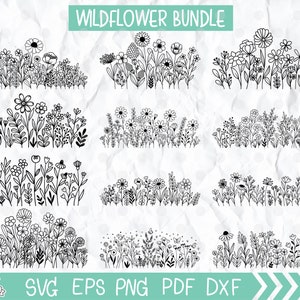 Wildflower svg bundle, Bouquet svg, Minimalist Flower Bouquet, Wildflower border svg, Flower Outline floral frame svg, Flower meadow svg