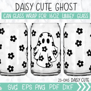 May include: A digital design for a 16 ounce glass wrap featuring a ghost with a daisy pattern. The design is for a can glass wrap for a 16oz Libbey glass.