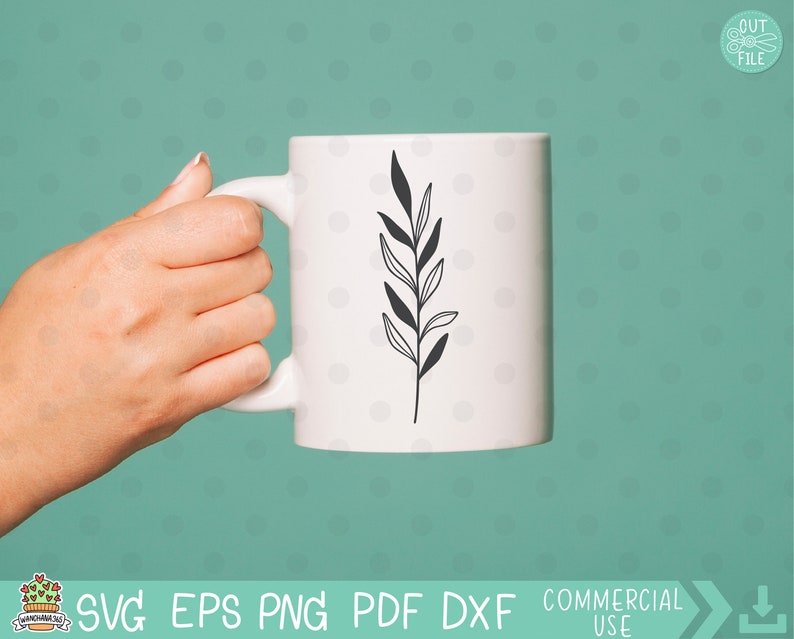 May include: A white ceramic mug with a black line drawing of a leafy branch on the side.