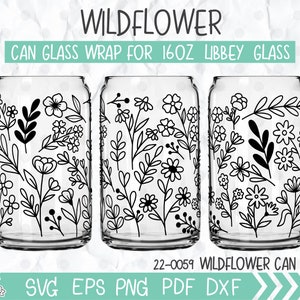 Wildflower Can Glass Wrap svg, Wildflower print Libbey 16oz can glass svg, Floral line art Can Glass svg, Svg, Png, DXF files for Cricut