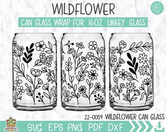 Envoltura de vidrio para latas con flores silvestres SVG: Arte floral lineal, 16 oz Libbey (archivos digitales)