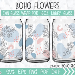 Boho Wildflower Libbey Coffee lata de vidrio 16oz, diseño abstracto, lata de vidrio de café floral boho, flores de línea estilo boho, flores sin costuras