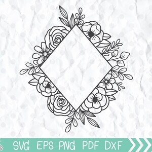 Marco floral svg, archivo de corte de marco floral, marco de flor rectangular, marco cuadrado, marco de monograma de flor, signo de boda, marco de forma de diamante