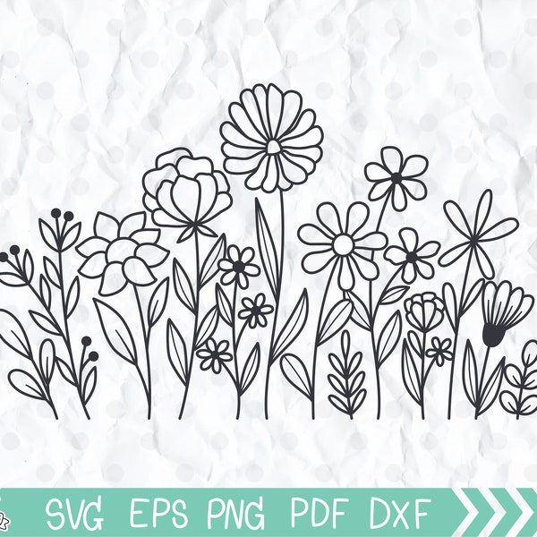 Wildflower svg, Wildflowers meadow border svg, Flowers And Leaf Clipart, Flower Svg Files For Cricut And Silhouette, Flower svg cut files.